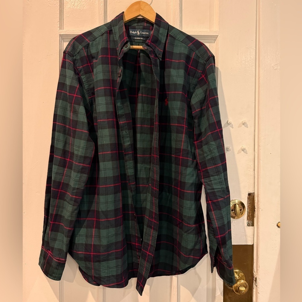 Ralph Lauren Men's Dark Green and Red Plaid Shirt
